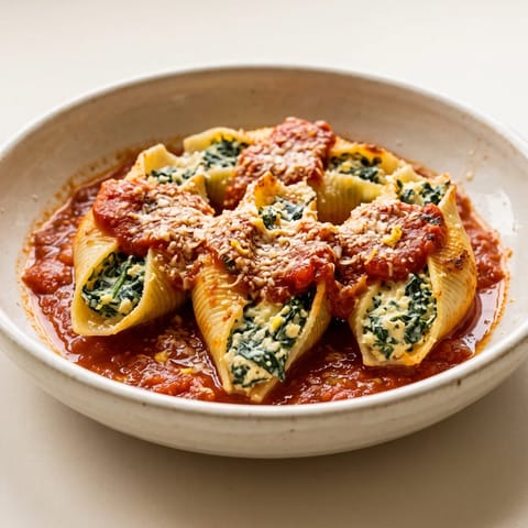 Spinach & Ricotta Stuffed Pasta Shells - Giant shells filled with lemony spinach-ricotta, baked in tomato sauce