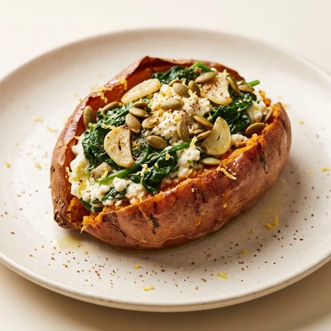 Spinach & Ricotta Stuffed Sweet Potatoes - Roasted sweet potatoes loaded with garlicky spinach and lemon ricotta