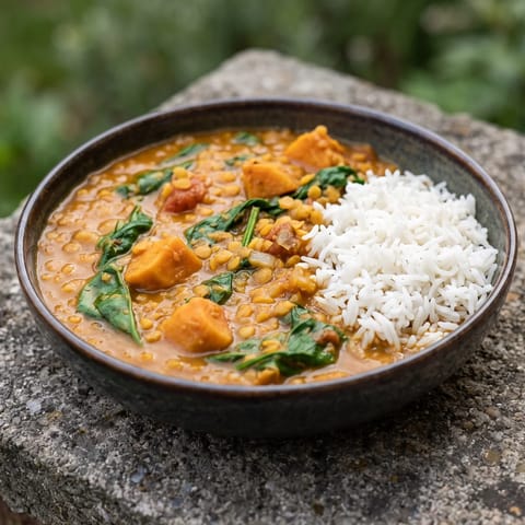 Spinach, Lentil & Sweet Potato Dhansak-Style Curry - A gently sweet-sour lentil and sweet potato curry with spinach