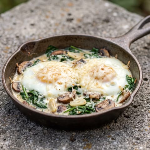 Spinach, Mushroom & Gruyere-Style Baked Eggs - Eggs baked over garlicky spinach and mushrooms under melted cheese