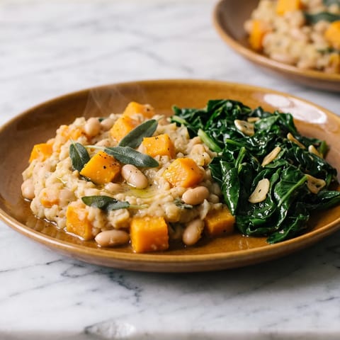 Squash, Sage & Cannellini Mash with Garlic Greens - Butternut and white beans mashed with sage-infused oil, beside garlicky wilted greens