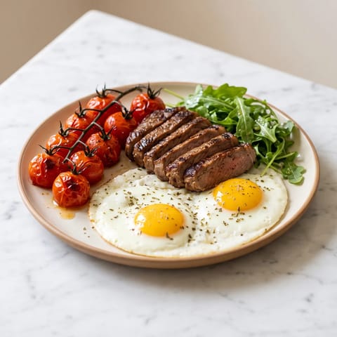Steak & Eggs with Roasted Tomatoes - A small sirloin cooked through and sliced over eggs and blistered tomatoes