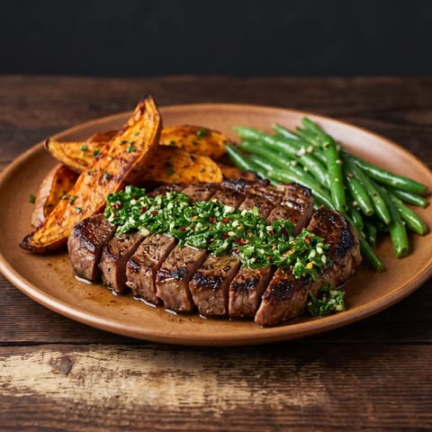 Steak Night: Sirloin, Chimichurri & Sweet Potato Wedges - A properly rested (and properly cooked-through) sirloin with green chimichurri and roasted sweet potato wedges