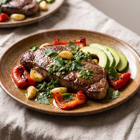 Steak with Chimichurri & Roasted Peppers - Sirloin seared and sliced over roasted red peppers and avocado with a sharp garlicky chimichurri
