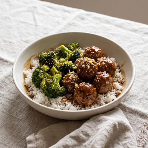 Sticky Hoisin Meatball Rice Bowls with Broccoli - Oven meatballs rolled through sticky hoisin glaze over rice and sesame broccoli