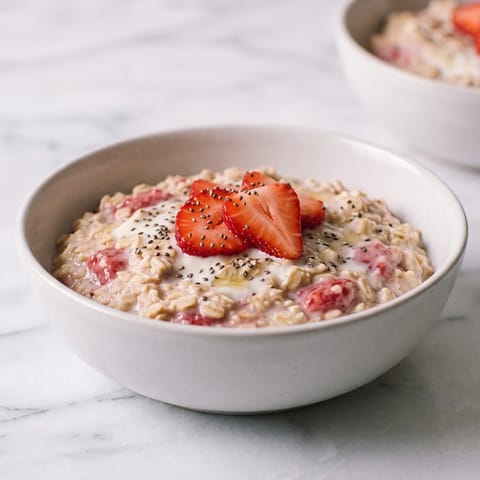 Strawberries & Cream Overnight Oats - Overnight oats folded with mashed strawberries and vanilla yogurt
