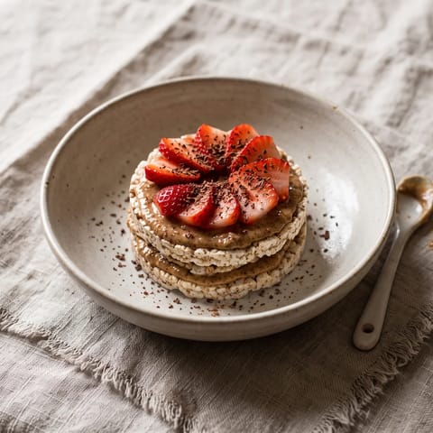 Strawberry & Almond Butter Rice Cake Stacks - Rice cakes layered with almond butter, strawberries and a whisper of dark chocolate