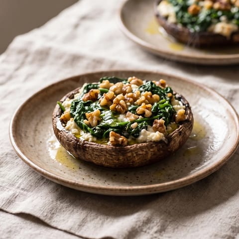 Stuffed Portobellos with Spinach, Walnuts & Ricotta - Giant portobello caps filled with garlicky spinach, ricotta and toasted walnuts