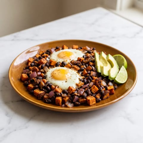 Sweet Potato & Black Bean Breakfast Hash - Crispy-edged sweet potato and black beans in one pan, topped with eggs cooked right in the hash