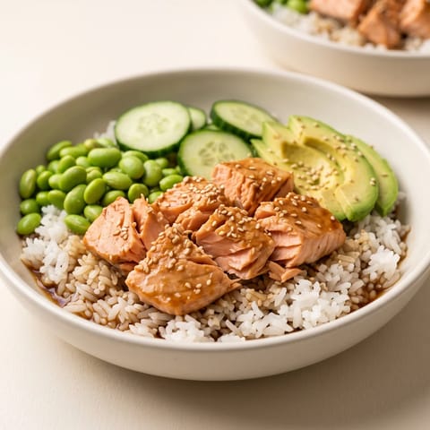 Teriyaki-Style Salmon Rice Bowls - Sticky glazed salmon over rice with cucumber, avocado and edamame