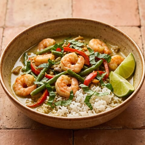 Thai-Style Green Curry with Shrimp & Green Beans - A fragrant coconut green curry with shrimp, green beans and Thai basil