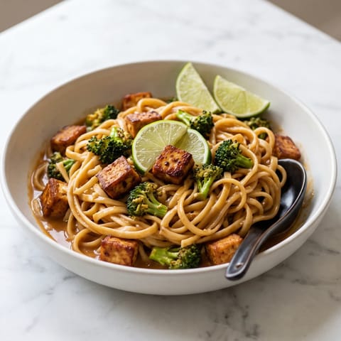 Tofu & Broccoli Peanut Noodles - Crispy tofu and broccoli tossed with noodles in a gingery peanut sauce