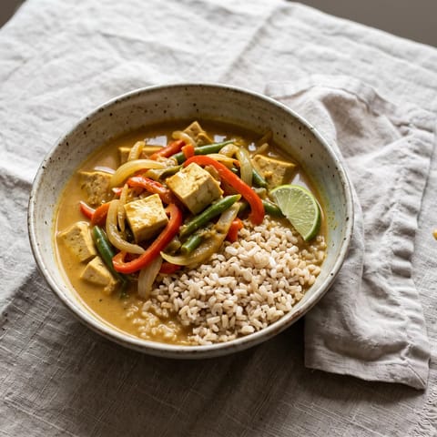 Tofu & Vegetable Coconut Curry with Brown Rice - A mild golden curry with calcium-set tofu and plenty of vegetables