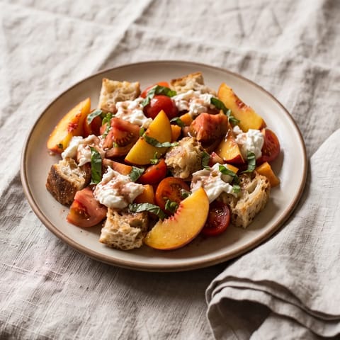 Tomato, Peach & Burrata Panzanella - Torn sourdough croutons with ripe tomatoes, peaches and burrata in a basil vinaigrette