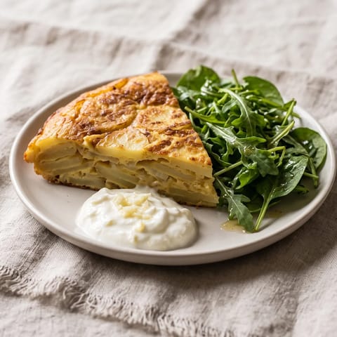 Tortilla Espanola with Garlic Yogurt & Greens - A thick Spanish potato omelet cooked all the way through, with garlic yogurt and dressed greens