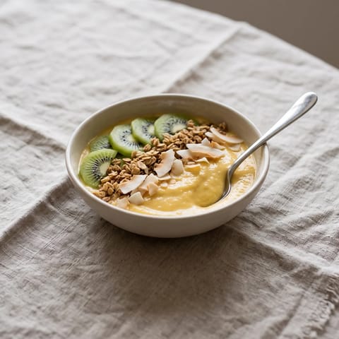 Tropical Sunshine Smoothie Bowl - A thick mango-pineapple-banana blend under coconut, kiwi and granola