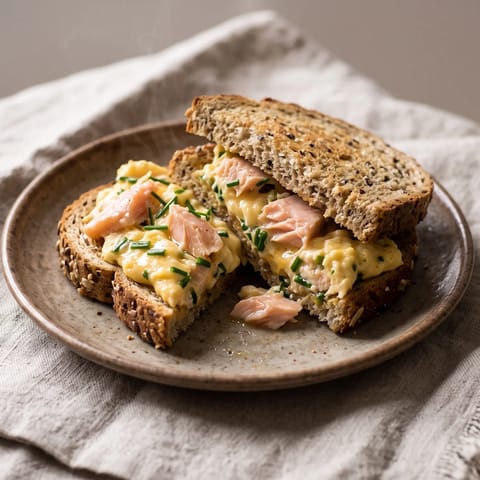 Trout & Chive Scramble on Whole-Grain Toast - Scrambled eggs cooked right through, folded with flakes of cooked trout and chives