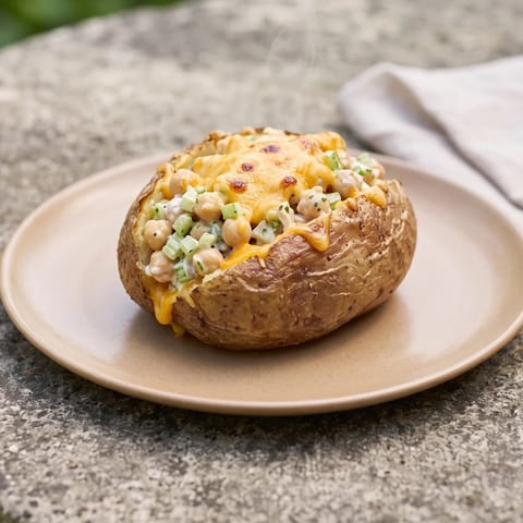 Tuna-Free Chickpea Melt Baked Potatoes - Crisp baked potatoes with lemony chickpea salad and broiled cheddar