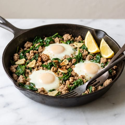 Turkey & Spinach Breakfast Skillet - Lean ground turkey with garlic, spinach and eggs in one pan