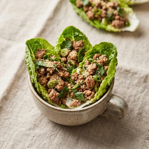 Turkey Larb-Style Lettuce Cups - Thai-style spiced turkey with lime, herbs and toasted rice crunch, scooped into lettuce cups