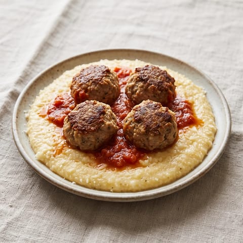 Turkey Meatballs in Tomato Sauce with Polenta - Tender turkey meatballs over soft Parmesan polenta