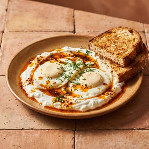 Turkish-Style Eggs with Garlic Yogurt (Fully Set) - Cilbir reimagined pregnancy-safe: fully-cooked eggs over garlicky yogurt with warm paprika butter