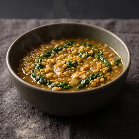 Turmeric Red Lentil & Spinach Stew - A one-pot red lentil stew with turmeric, ginger and spinach that thickens as it simmers