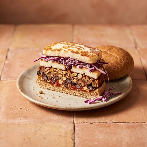 Ultimate Veggie Burgers with Halloumi & Slaw - Smoky bean-and-oat burgers stacked with seared halloumi and crunchy slaw