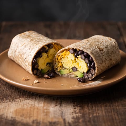 Veggie Breakfast Burrito - Well-cooked scrambled eggs, black beans and avocado in a whole-grain wrap