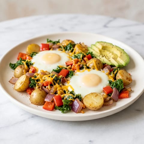 Veggie Sausage-Free Breakfast Hash with Eggs - A crispy potato, pepper and kale hash with eggs cooked right in the pan