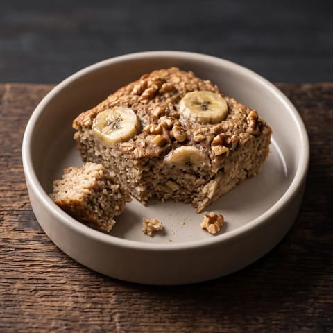 Walnut & Banana Baked Oatmeal - A dish of soft, cake-like baked oats with banana, walnuts and cinnamon