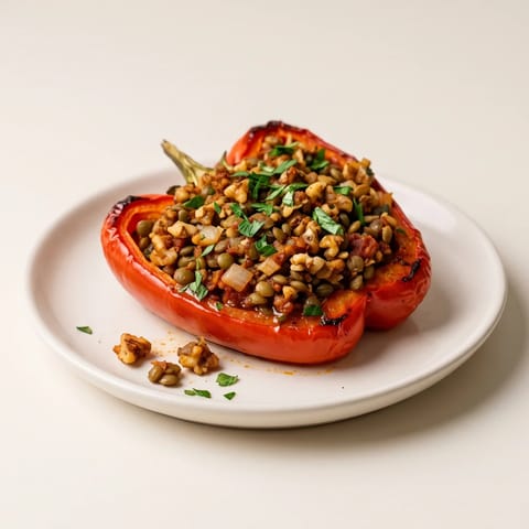 Walnut & Lentil Stuffed Peppers - Roasted peppers filled with a savory walnut-lentil crumble