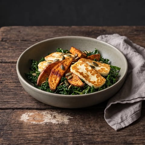 Warm Kale, Sweet Potato & Halloumi Salad - Roasted sweet potato and golden halloumi over lemon-massaged kale with pumpkin seeds