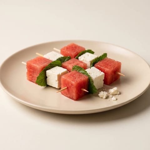 Watermelon, Feta & Mint Skewers - Cold watermelon cubes with salty feta and mint on picks