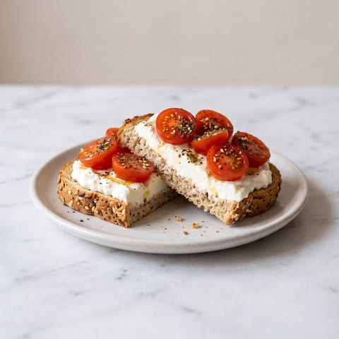Whipped Cottage Cheese Toast with Tomatoes - Creamy whipped cottage cheese on seeded whole-grain toast