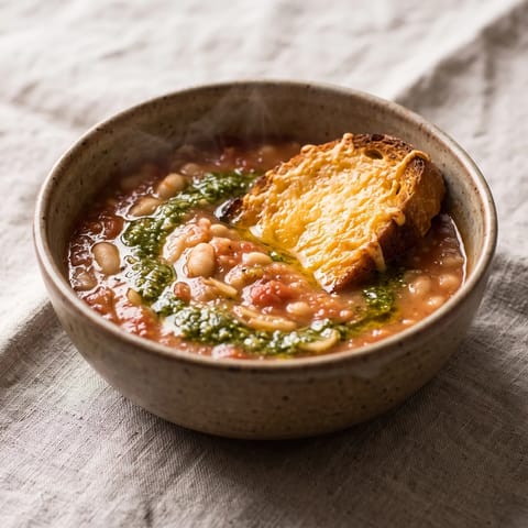 White Bean, Tomato & Pesto Soup with Cheese Toast - A quick tomato and white bean soup swirled with pesto, plus a molten cheddar toast for dunking