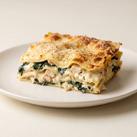 White Lasagna with Chicken, Spinach & Ricotta - A white lasagna of chicken, spinach and ricotta under nutmeg bechamel