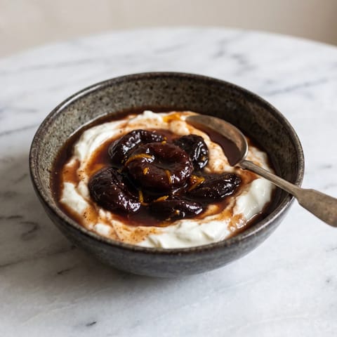 Yogurt with Warm Stewed Prunes & Cinnamon - Thick yogurt under warm cinnamon prunes