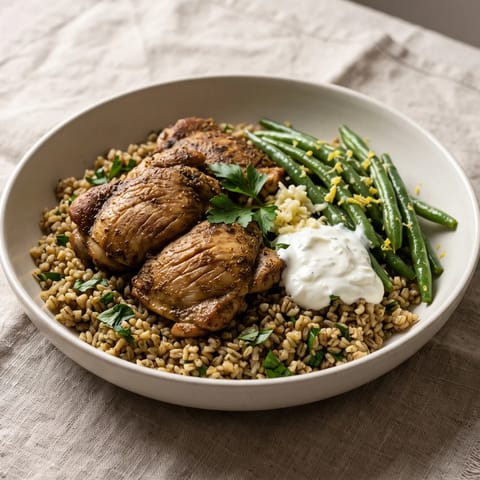 Za'atar Chicken with Green Beans & Bulgur - Za'atar-crusted chicken thighs over herbed bulgur with lemony green beans