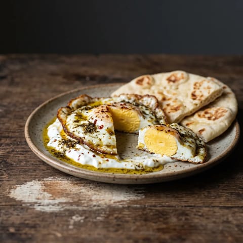 Za'atar Fried Eggs with Yogurt & Flatbread - Crispy-edged fried eggs on garlicky yogurt with za'atar oil and warm flatbread