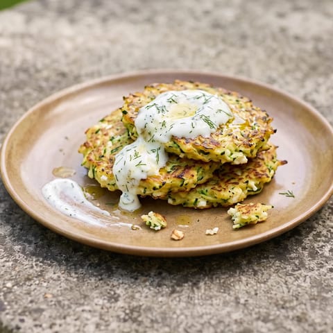 Zucchini & Feta Breakfast Fritters - Golden zucchini fritters flecked with feta and dill, served with lemony yogurt