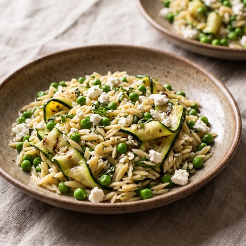 Zucchini, Pea & Mint Orzo Salad - Warm orzo with charred zucchini ribbons, peas, mint and feta in a lemony dressing