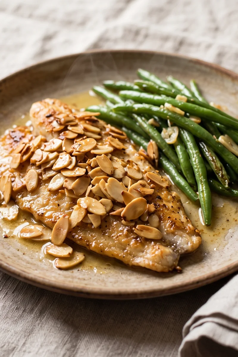 Almond-Crusted Trout with Green Beans - Pan-fried trout under toasted lemon-butter almonds