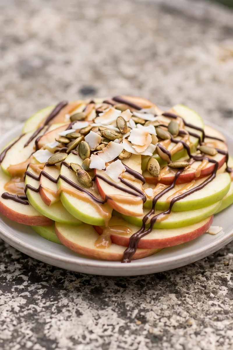 Apple Nachos with Peanut Butter Drizzle - Crisp apple slices fanned out under warm peanut butter, dark chocolate and toasted seeds