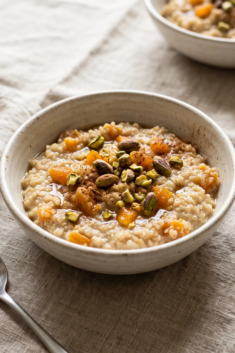 Apricot & Pistachio Breakfast Quinoa - Warm cinnamon quinoa with dried apricots and pistachios in fortified milk