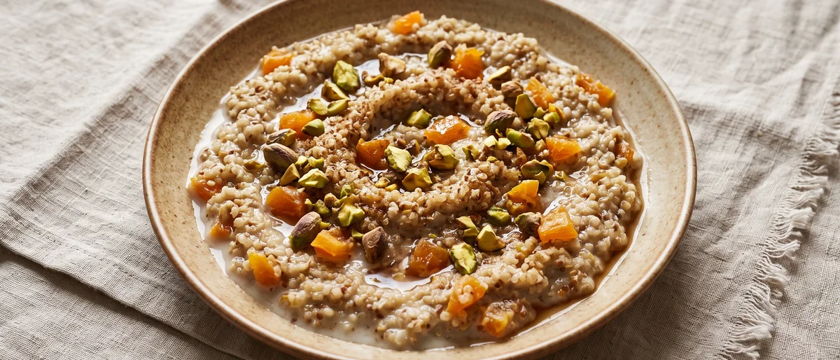 Apricot & Pistachio Breakfast Quinoa - Warm cinnamon quinoa with dried apricots and pistachios in fortified milk