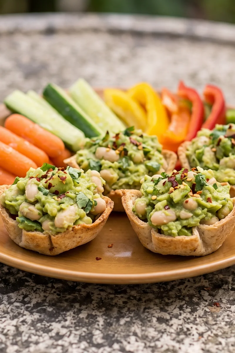 Avocado & White Bean Smash Cups - Avocado mashed with white beans, lime and cilantro into little pots with veg dippers