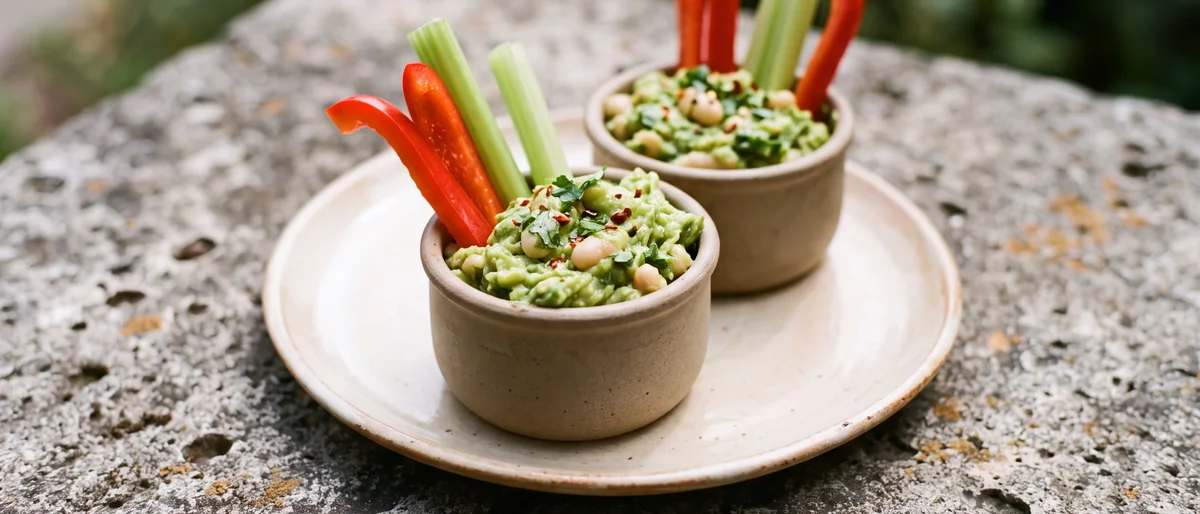 Avocado & White Bean Smash Cups - Avocado mashed with white beans, lime and cilantro into little pots with veg dippers