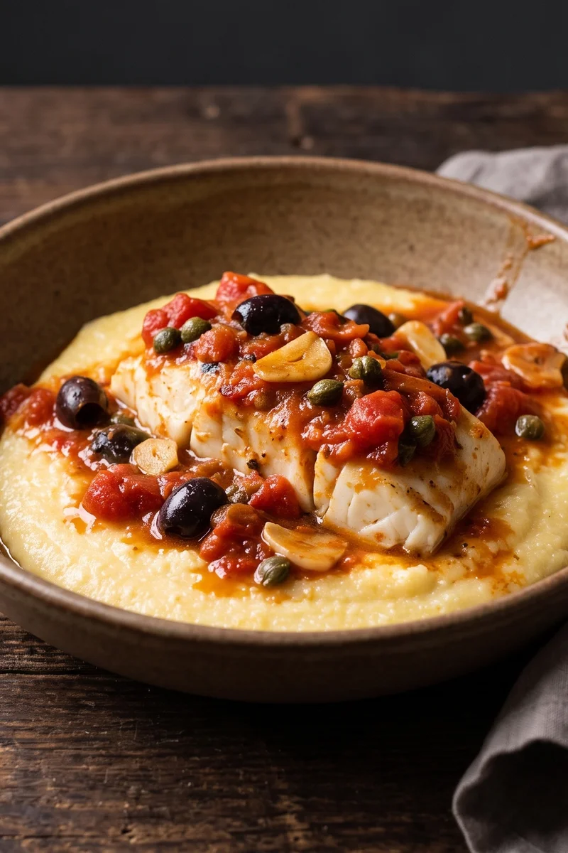 Baked Cod Puttanesca with Polenta - Cod baked in a punchy tomato, olive and caper sauce over soft Parmesan polenta