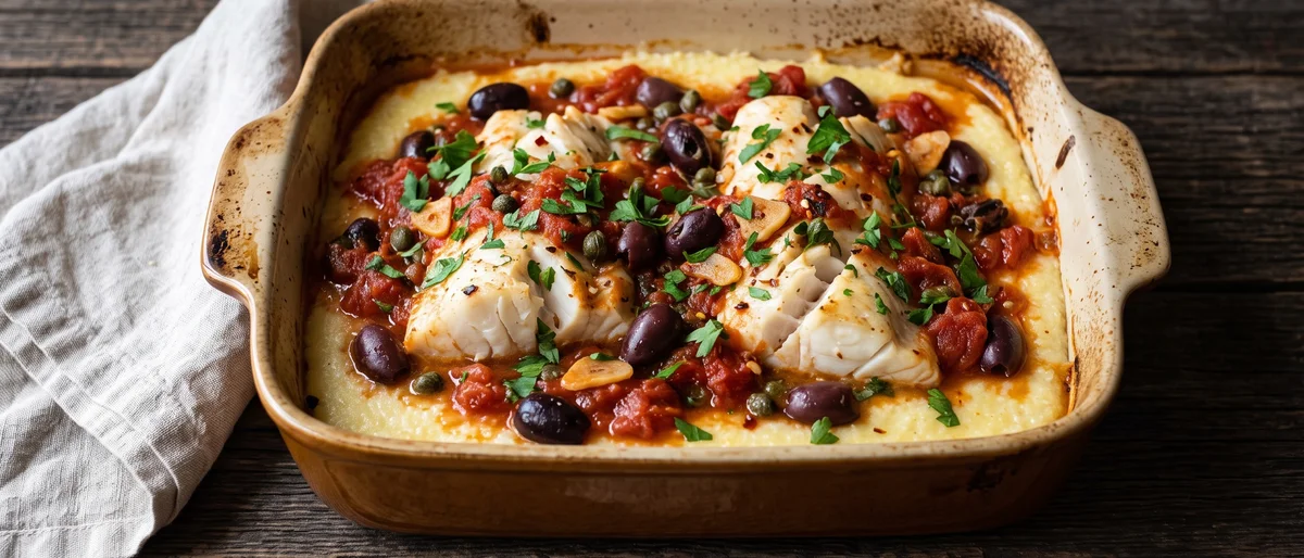 Baked Cod Puttanesca with Polenta - Cod baked in a punchy tomato, olive and caper sauce over soft Parmesan polenta